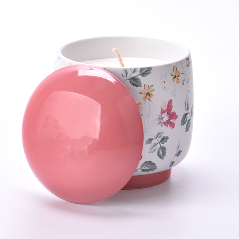 borcan de lumânări ceramice de lux cu imprimare roz cu capac