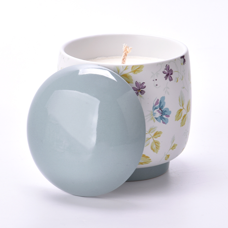 Flower pattern ceramic candle jars na may lids ceramic vessels