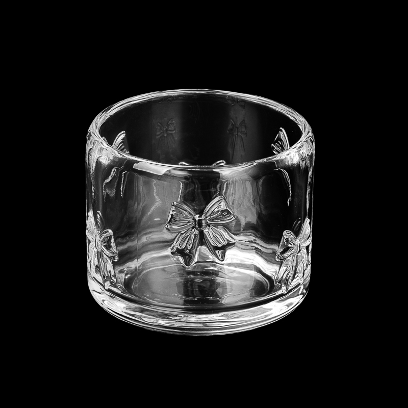 وعاء شمعة حامل شموع زجاجي دائري سميك بوزن 10 أونصة مع نمط عقدة فيونكة