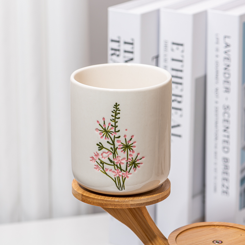 Supplier 469ml Custom White Ceramic Candle Jar With Flower Artwork