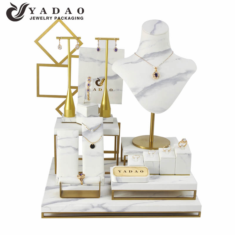 Custom White High-Gross Gold Brushed Metal with Marbled PU Leather Jewelry Display Stand