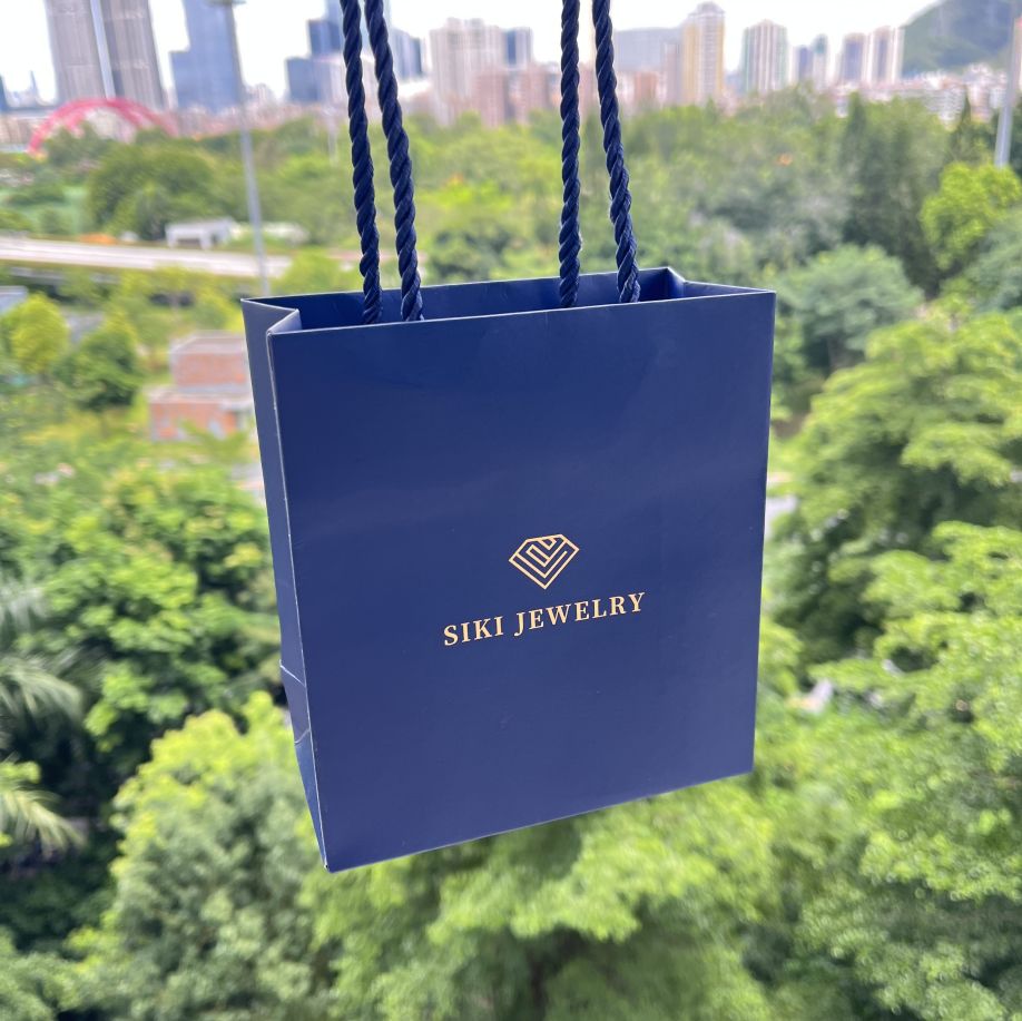 Navy blue paper bag with own customize logo printed rope handle