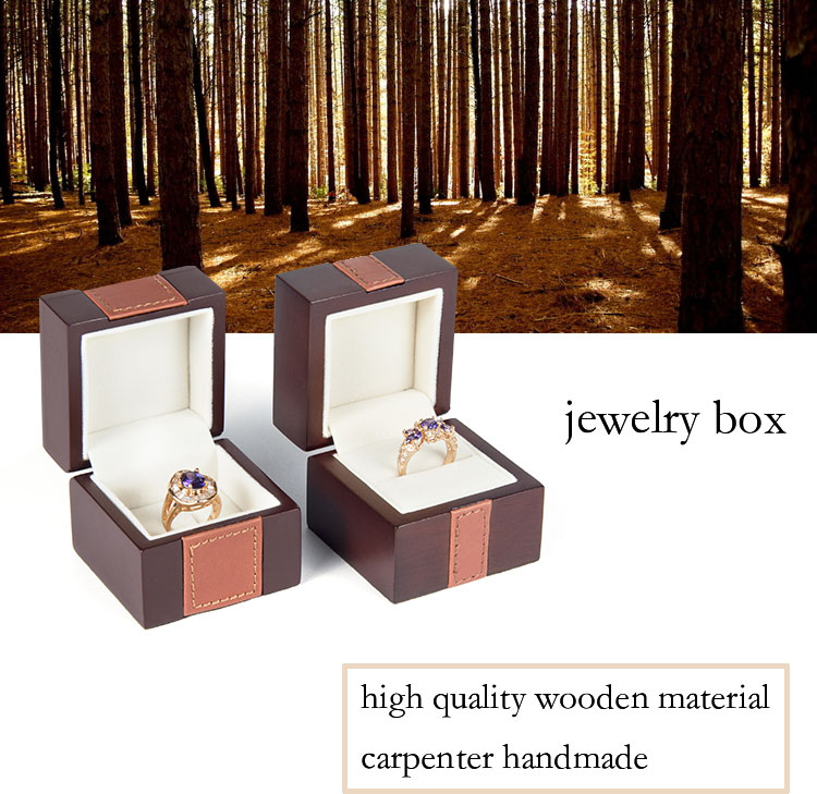 Dark Brown Wooden Slot Jewelry Ring Box With One-line Stiching Leather Factory