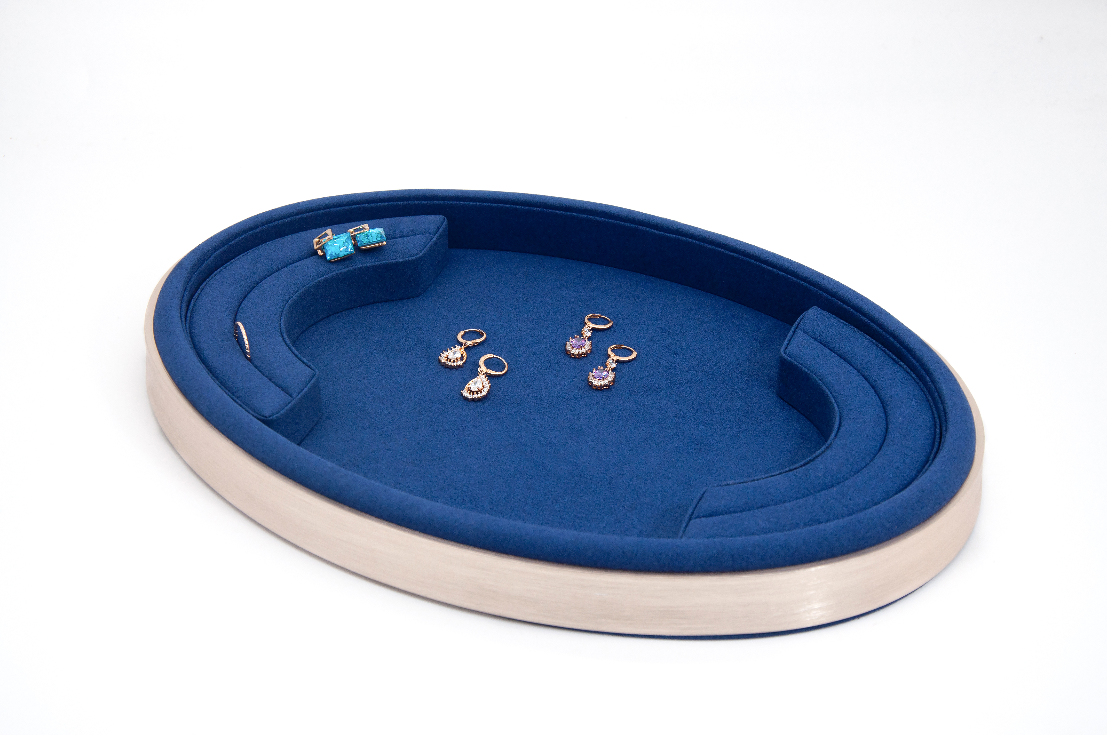 Exquisite Oval Jewelry Ring and Earring Tray With Metal Button and Microfibre Pad Supplier