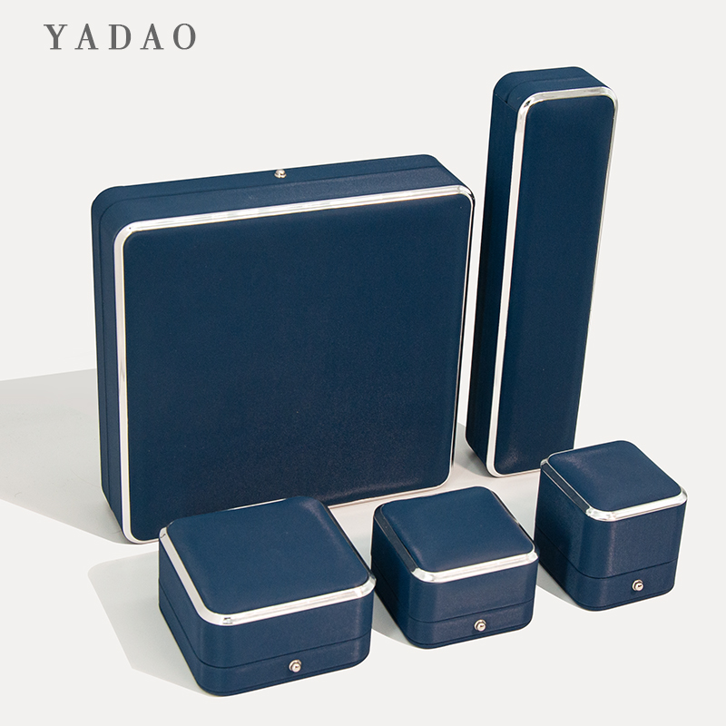 Fashion style unique design dark blue plastic jewelry ring box set wrapped in pu leather supplier