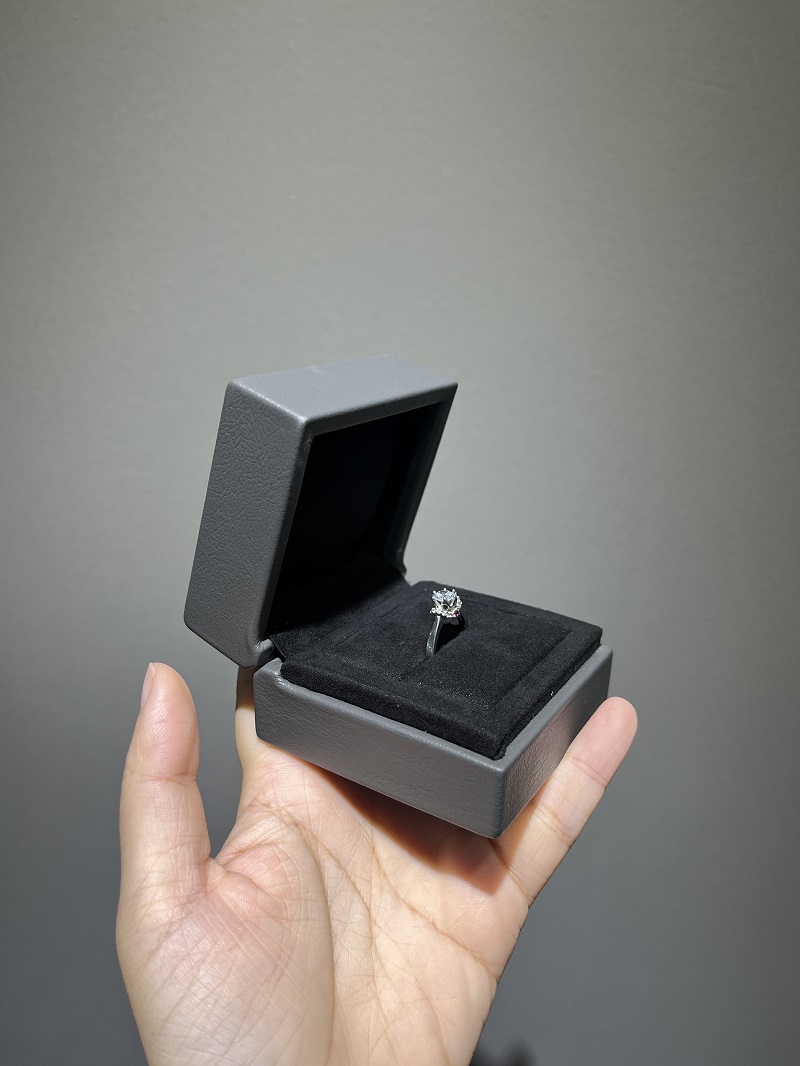 soft touch gray leather with black suede inside diamond ring packaging wedding gift box design