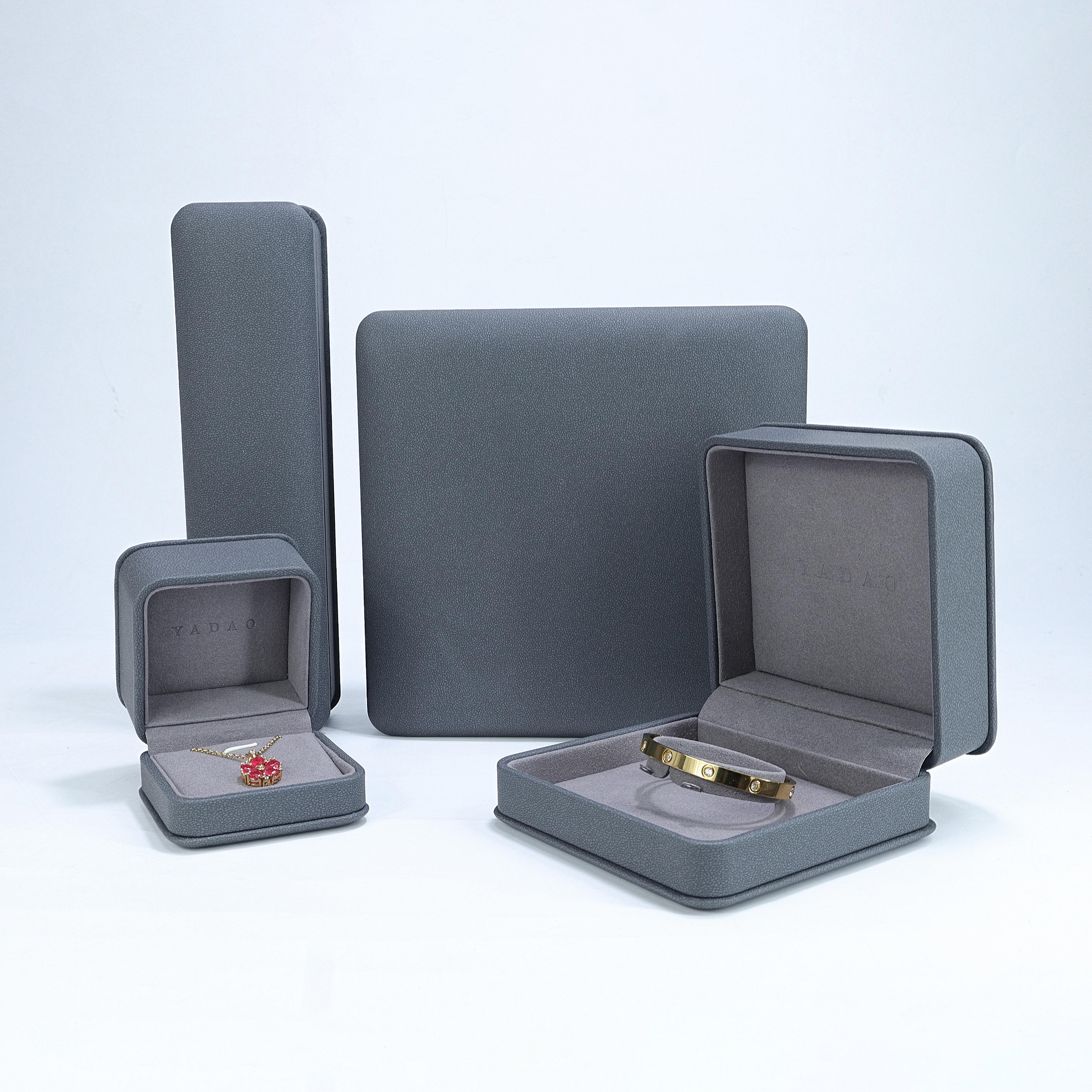 Custom new style gray leather box set with outer paper box design for jewelry gift packaging