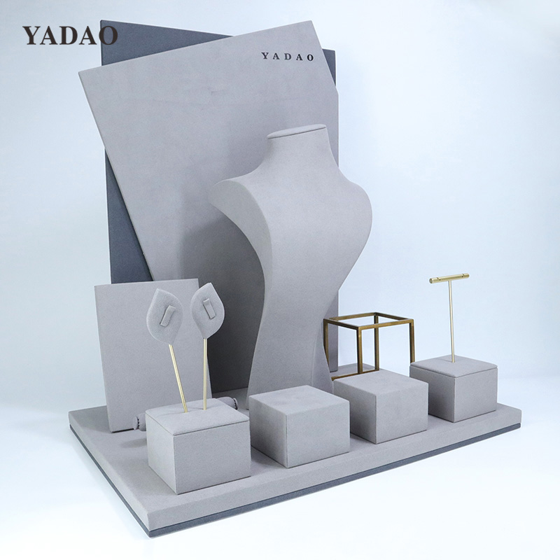 high end gray microfiber jewellery display stands full set for different jewels new store showroom
