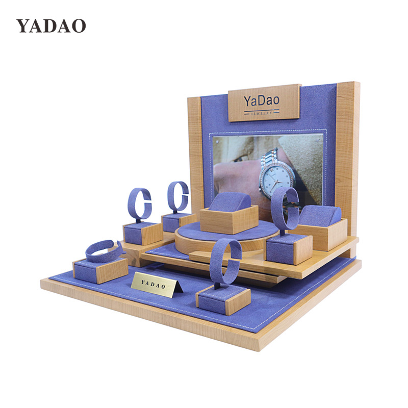 Blue purple wooden velvet jewelry display watch ring jewels stand display in china