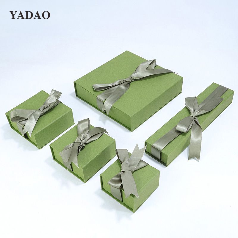 New color material Olive green ribbon bow magnet flap low price silver ring online jewelry shopping packaging box set
