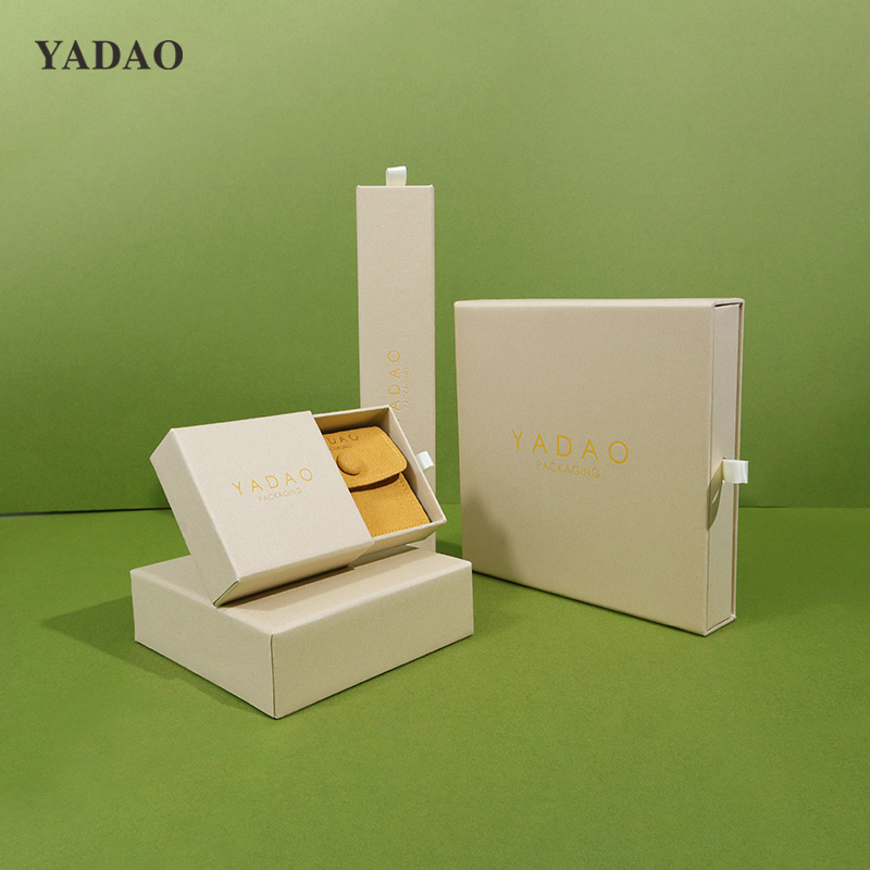 Natural Beige Eco friendly durable lightweight drawer design popular silver jewelry accessory online packaging box pouch set