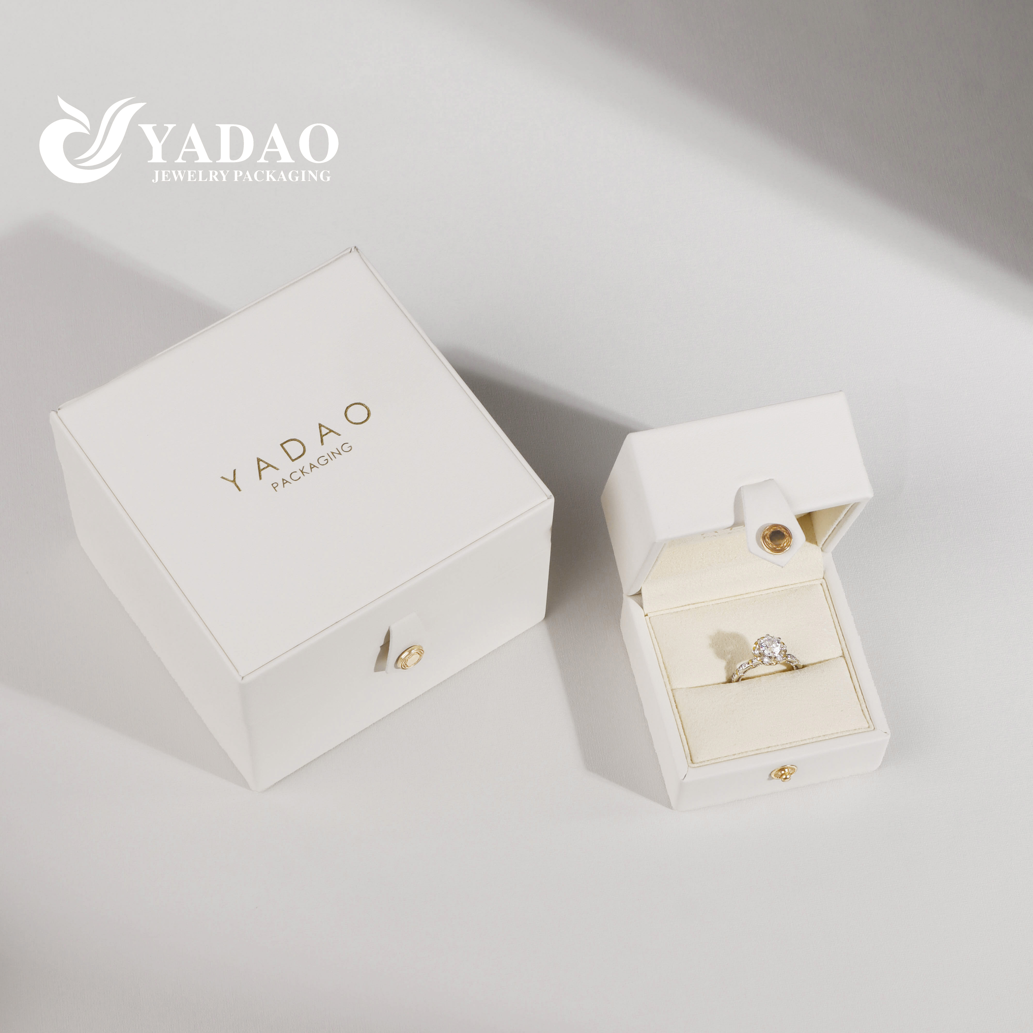 Elegant white leather high end jewelry wedding diamond ring packaging button customized design box