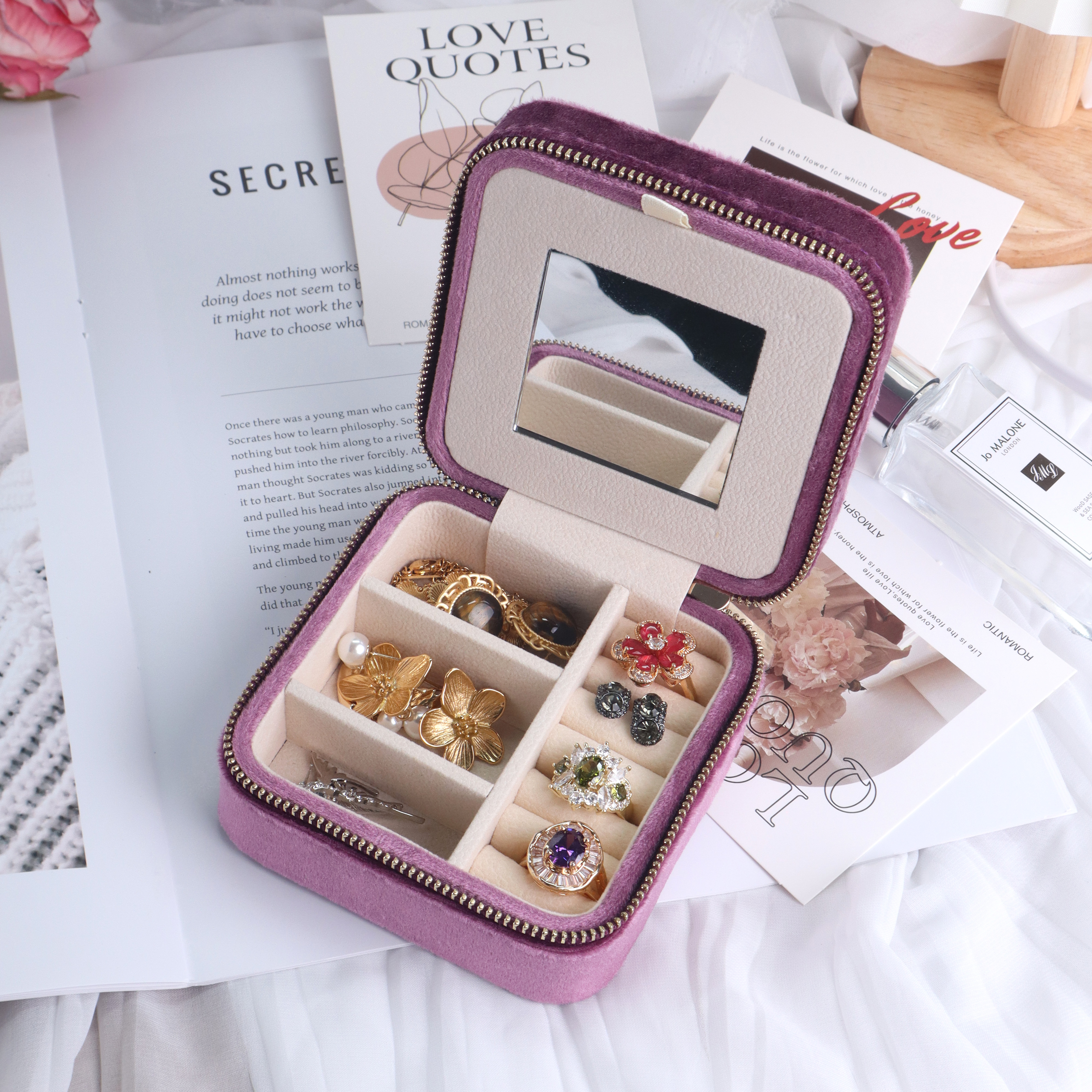 Luxe fluwelen reisetui met spiegel, sieradenorganizer, ideaal cadeau