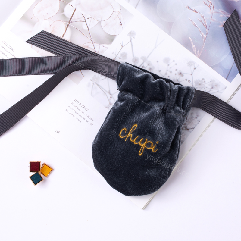 Luxury black velvet pouch with ribbon drawstring