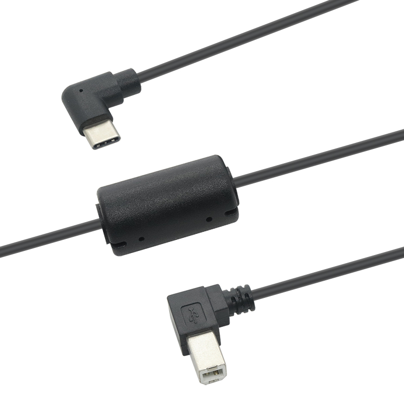 90度USB 2.0型C到USB B打印机电缆，带铁氧体磁芯