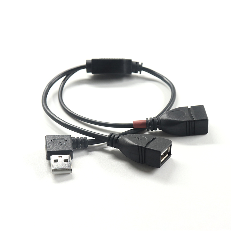 90 درجة الزاوية اليمنى USB 2.0 ذكر إلى 2 مزدوج USB أنثى جاك Y الفاصل محور كابل مهايئ سلك الطاقة