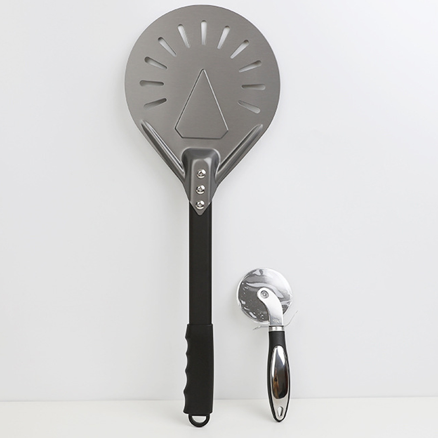Healthy Cooking Pizza Turning Peel Round With Detachable Beech Handle Stainless Steel Pizza Peel With Cutter Set