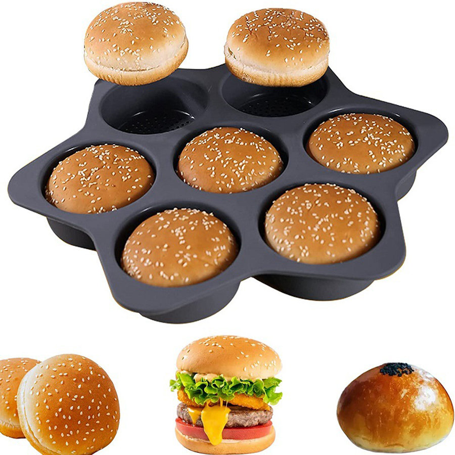Venta al por mayor de grado alimenticio hecho en casa 4 tazas molde de goma para hornear cuadrado 6 tazas en forma redonda 7 tazas de silicona panecillo de hamburguesa M