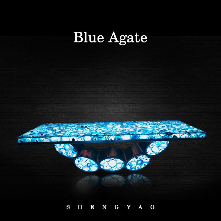 Backlit Blue Agate Dining Table,Translucent Gemstone Furniture Wholesale