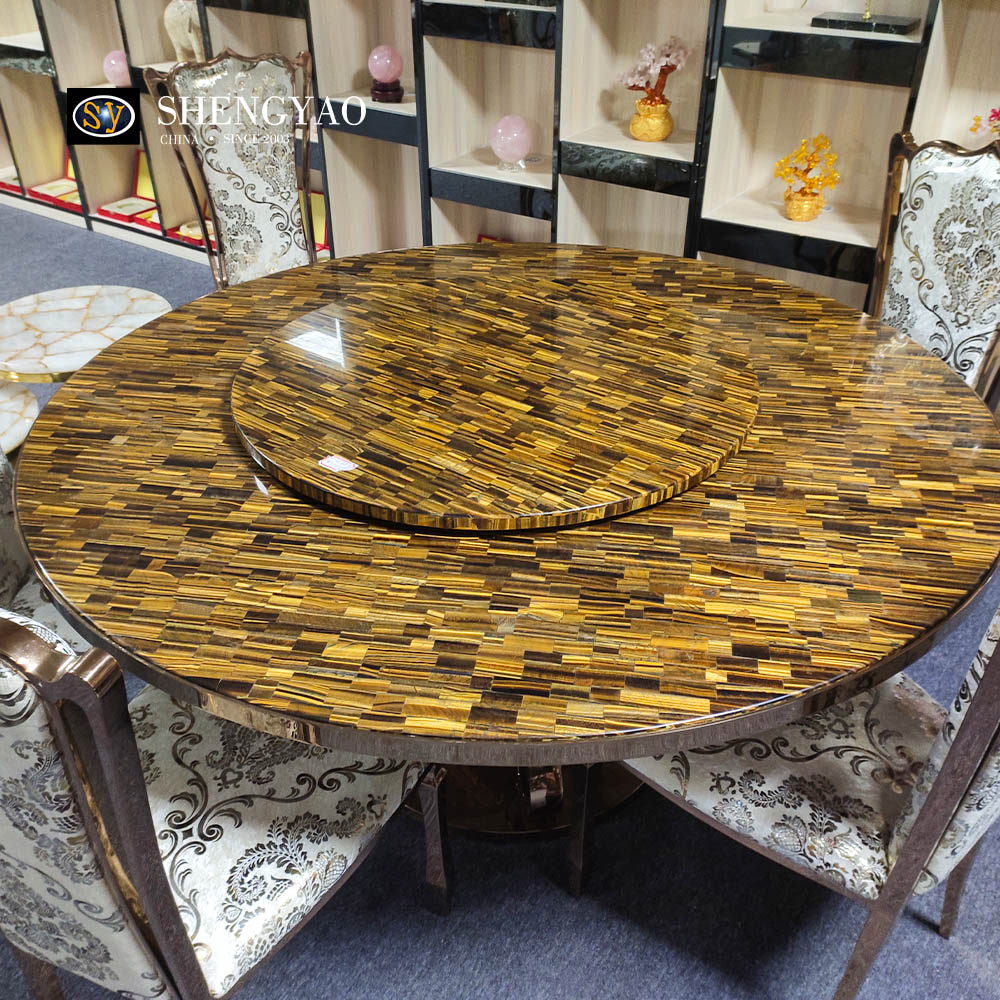 Grande tavolo da pranzo in pietra occhio di tigre giallo, mobili in pietra semipreziosa
