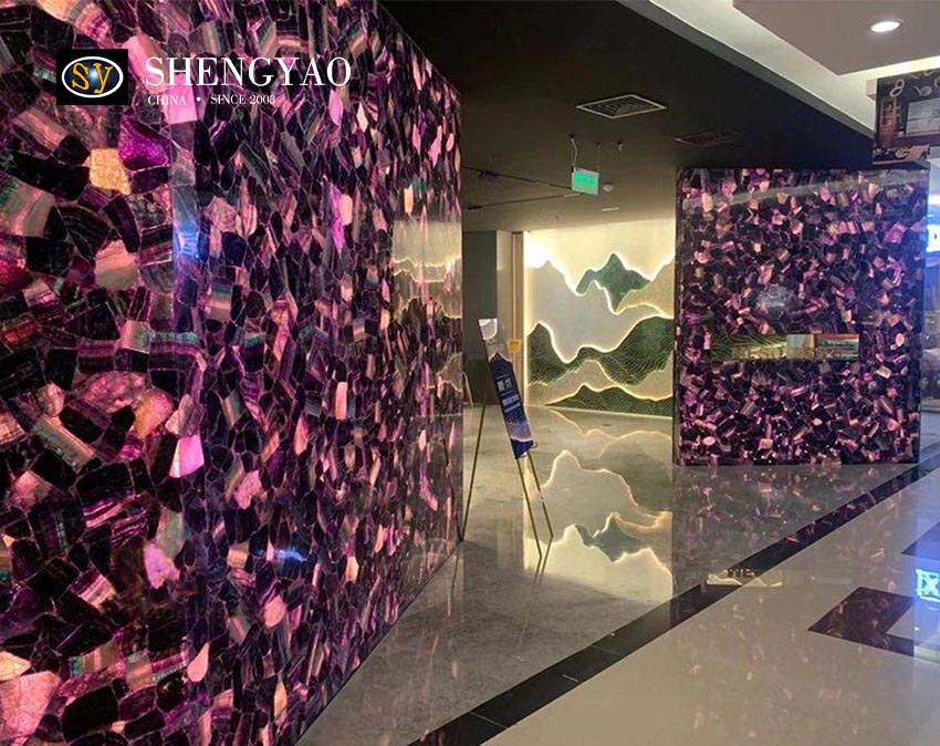 Losa de fluorita púrpura retroiluminada para pared,mayorista de losa de piedra preciosa de piedra semipreciosa China
