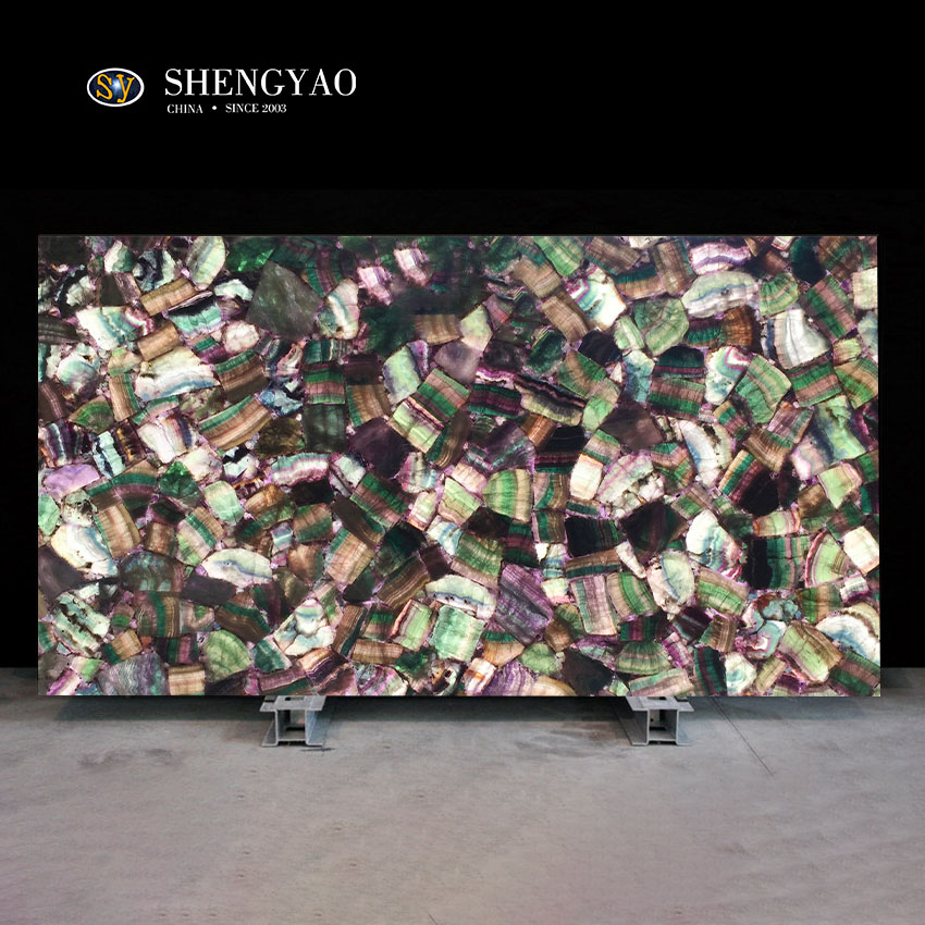 Backlight Green&Purple Fluorite Semi Precious Stone Slab,Gemstone Wall Panel