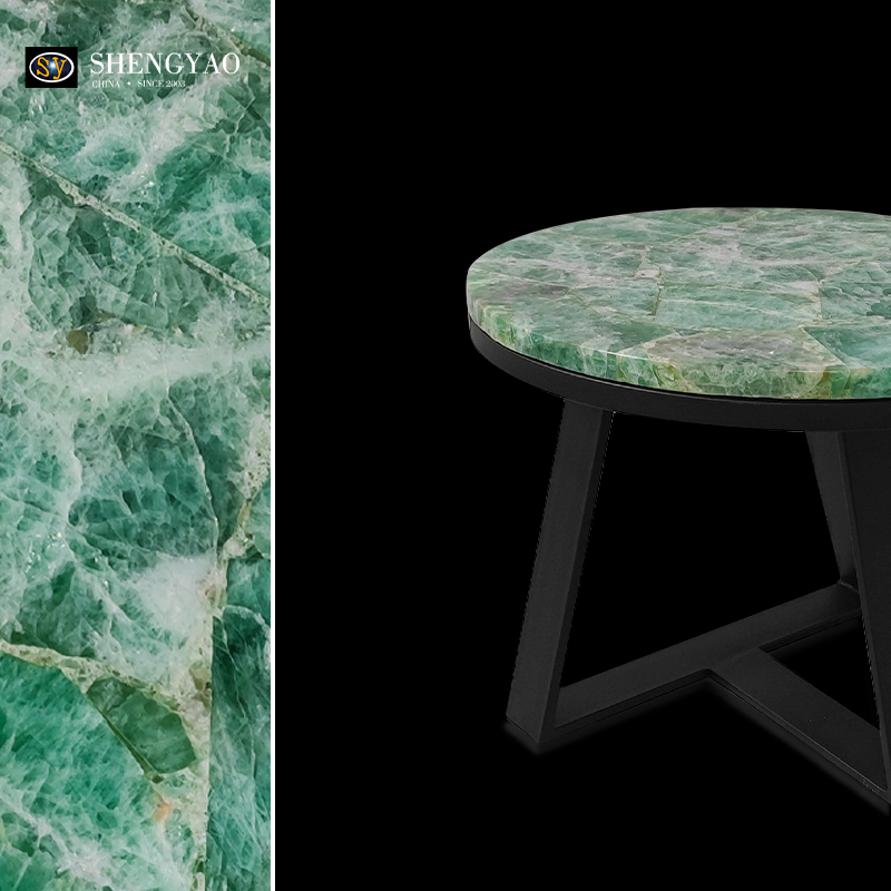 طاولة جانبية من الكريستال الطبيعي الأخضر فلوريت ، أثاث مخصص من الأحجار الكريمة
