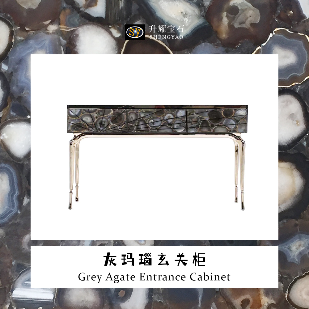 Customization Grey Agate Drawer Face Entrance Cabinet Semi Precious Stone Furniture