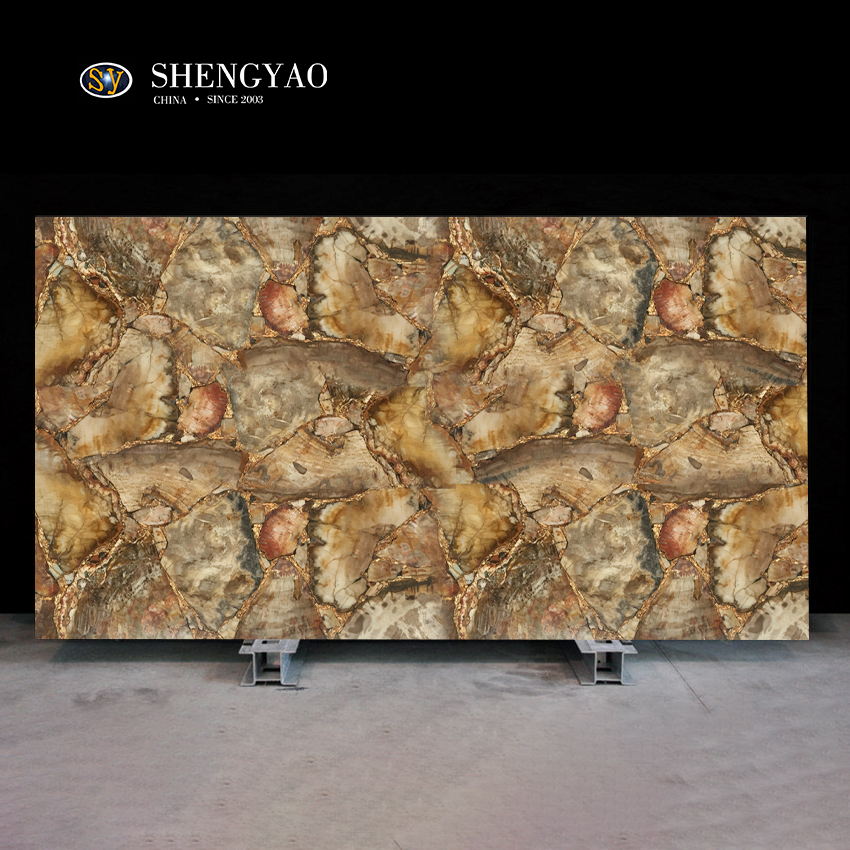 لوح خشب متحجر كبير مع لوح حائط من الأحجار شبه الكريمة من رقائق الذهب مزود الصين