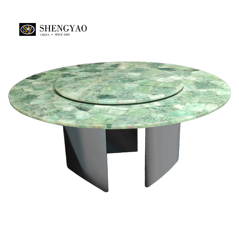 أحجار كريمة طبيعية كوارتز أخضر فلوريت طاولة طعام بالجملة ، مصنع أثاث من الأحجار شبه الكريمة في الصين