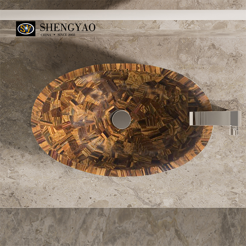 Изготовление на заказ умывальника из камня тигрового глаза Раковина из полудрагоценного камня / умывальник из драгоценного камня Производитель Китай