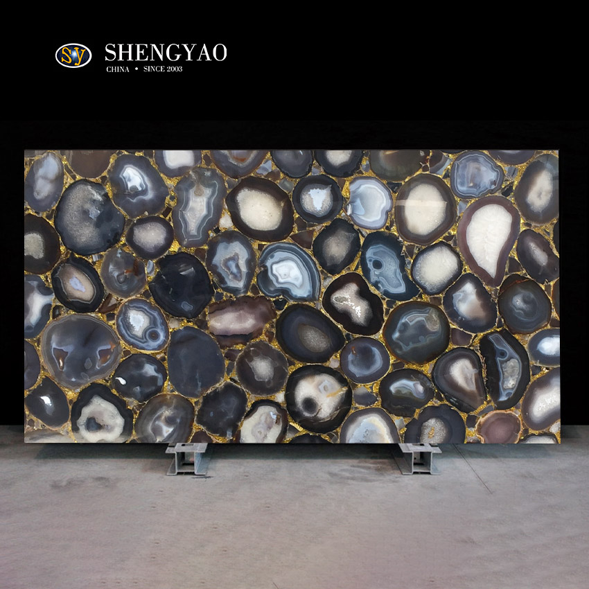 ألواح حجرية كبيرة صلبة من العقيق الرمادي / البني مع رقائق ذهبية ، مصنع ألواح العقيق في الصين
