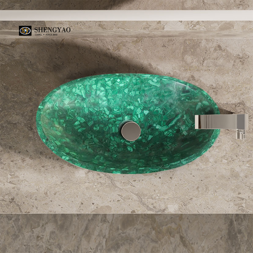 Pia de pedras preciosas malaquita personalizada | Fornecedor de lavatório semiprecioso China