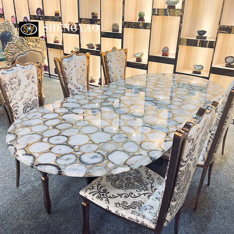 Luxury White Agate Gemstone Dining Table,Semi Precious Stone Furniture Manufacturer China