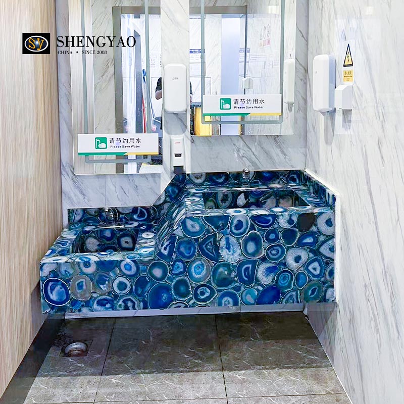 Pia de ágata azul personalizada, fabricante de bancada de pedra semipreciosa