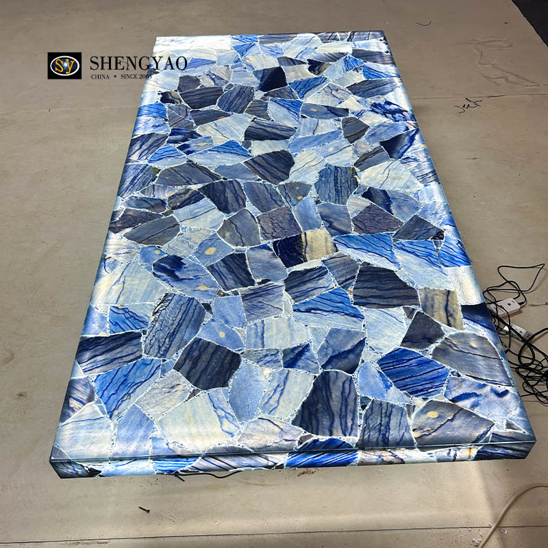 كونترتوب افينتورين أزرق شفاف ، الشركة المصنعة لسطح الطاولة شبه الكريمة ذات الإضاءة الخلفية