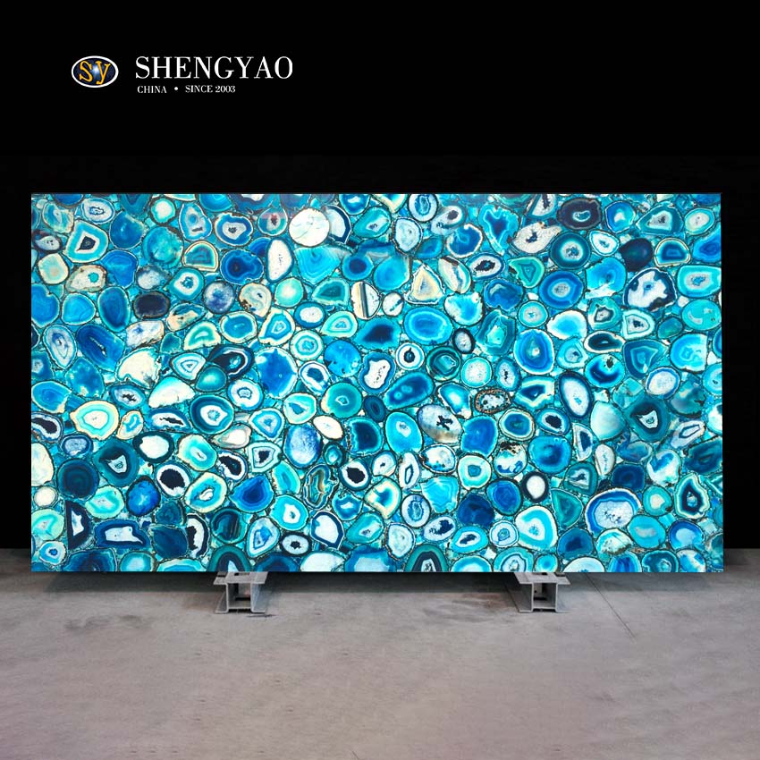 Large Backlit Blue Agate Stone Slab,Translucent Semi Precious Stone Slab Supplier China