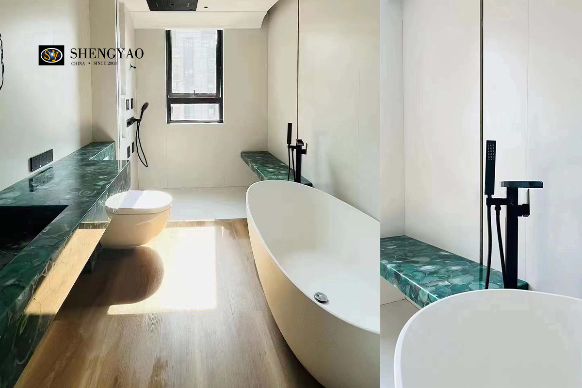 green agate slab use on bathroom
