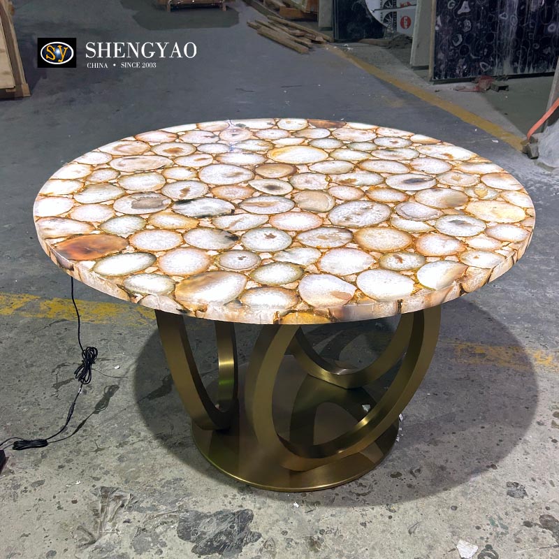 Mesa de comedor de ágata blanca retroiluminada de superficie sólida | Fabricante y proveedor de muebles de piedras preciosas