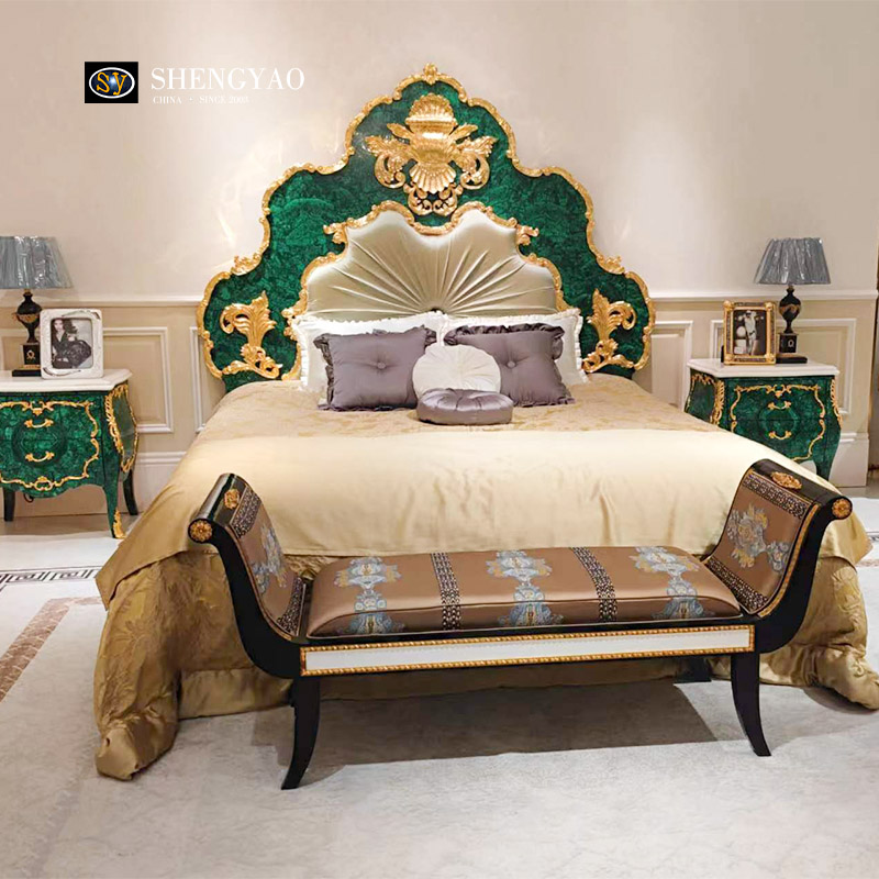 Classical Malachite Bed Room Furniture,Luxury Gemstone Bed Nightstand Set
