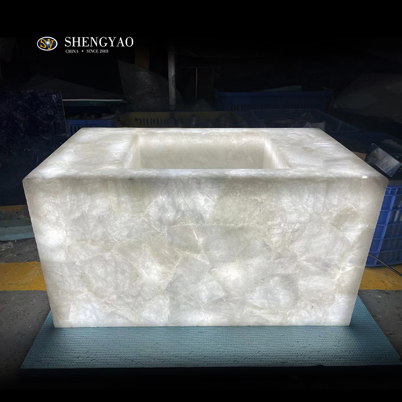 Lavabo à quartz en cristal blanc rétroéclairé, évier en pierre semi-précieuse translucide personnalisé