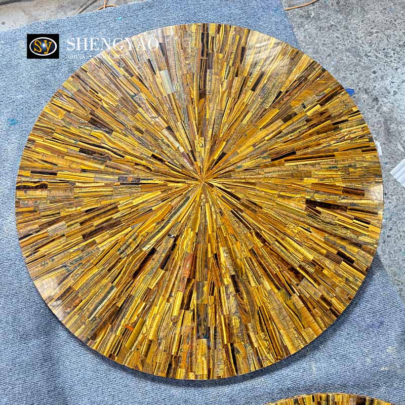 Round Yellow Tiger Eye Stone Table Top,Semi Precious Stone Table Factory