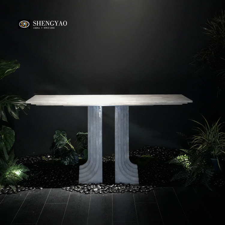 π Shape White Crystal Clear Quartz Console Table