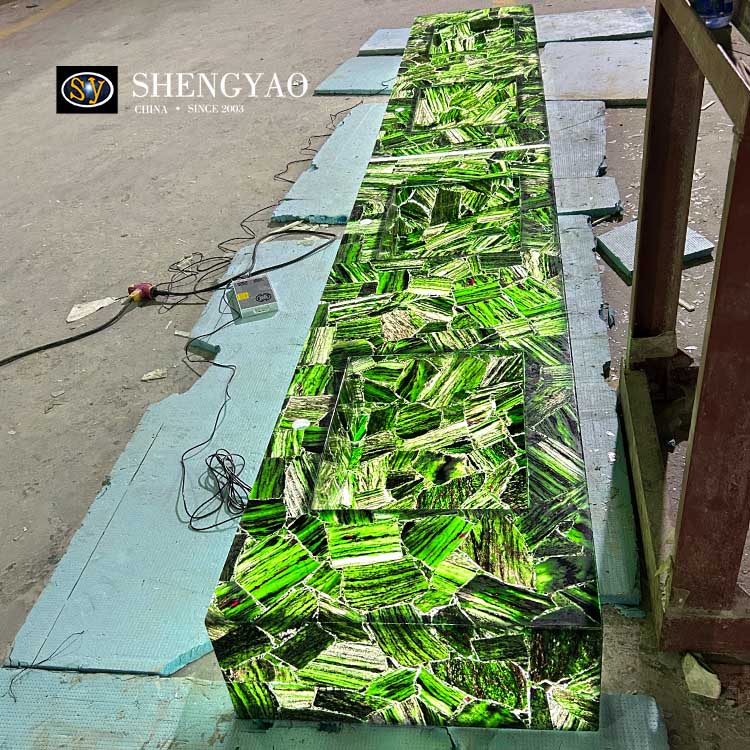 Backlit Green Emerald Double Sink Vanity Countertop,Semi Precious Stone Sink Manufacturer