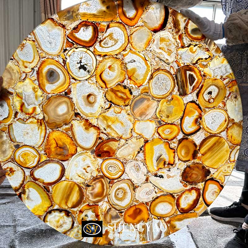 Backlit Brown Agate Stone Table Top,Round Translucent Gemstones Countertop