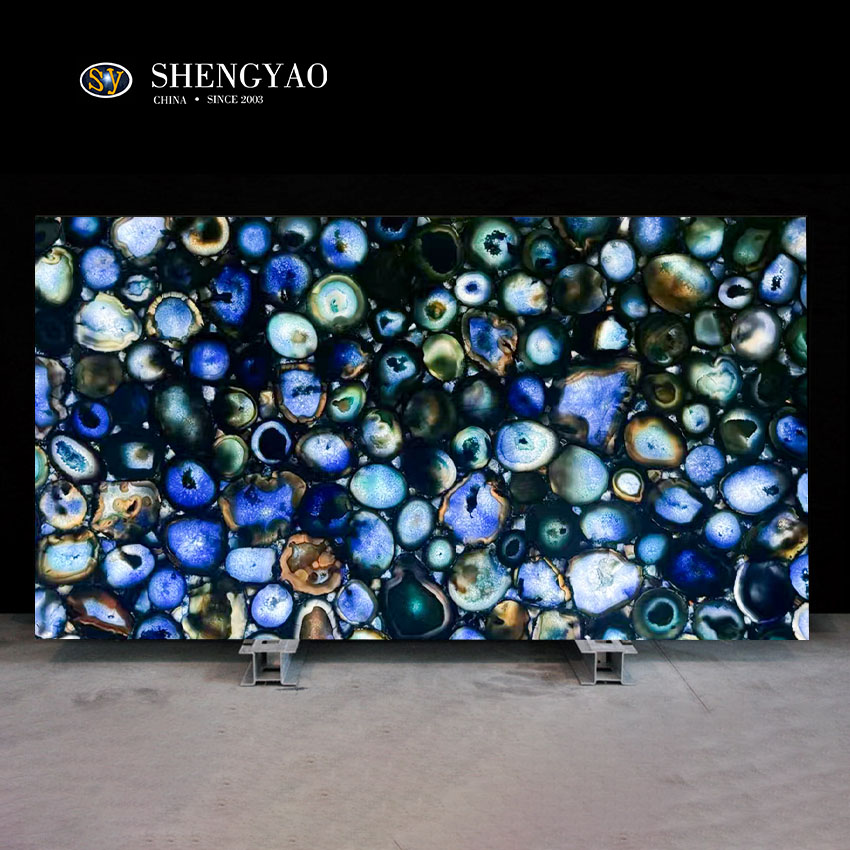 Backlit Solid Blue Agate Stone Slab,Semi Precious Stone Slab Factory