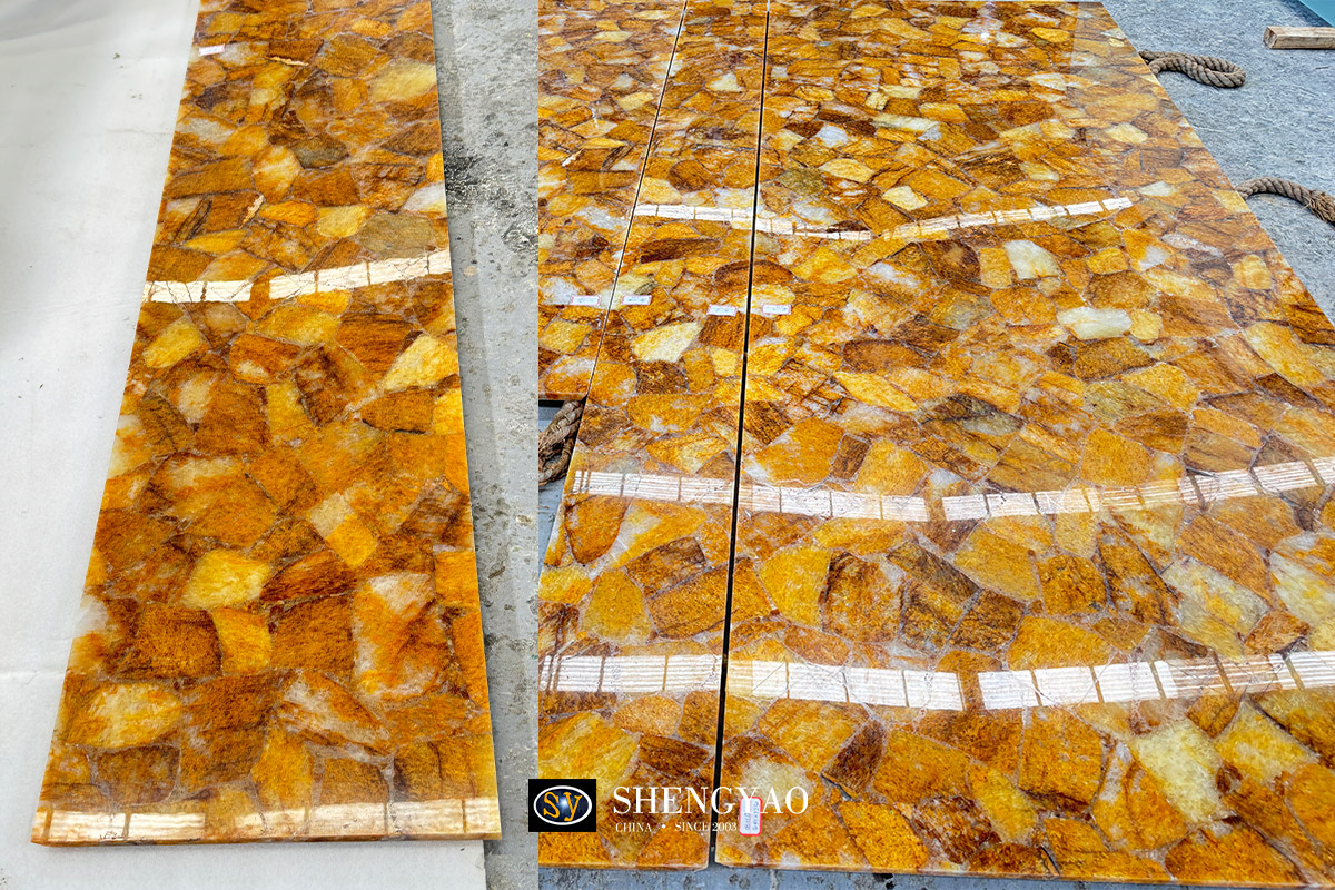 backlit yellow crystal slabs