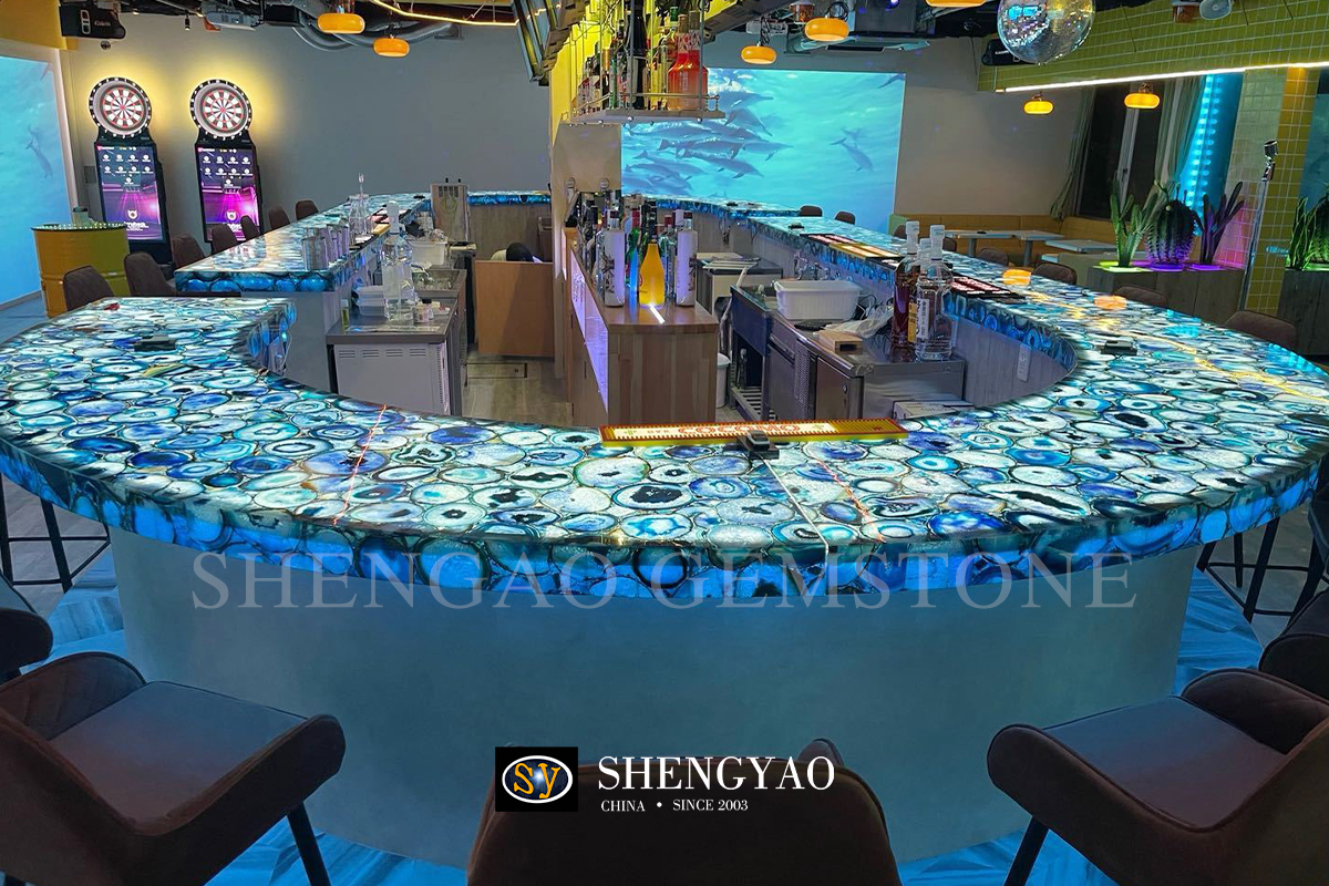 backlit blue agate stone bar counter