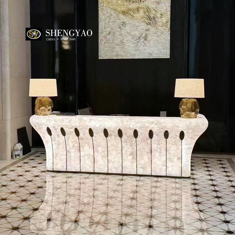 Bàn tiếp tân phản chiếu bằng pha lê trắng tự nhiên, bộ đếm thanh đá bán quý trong mờ