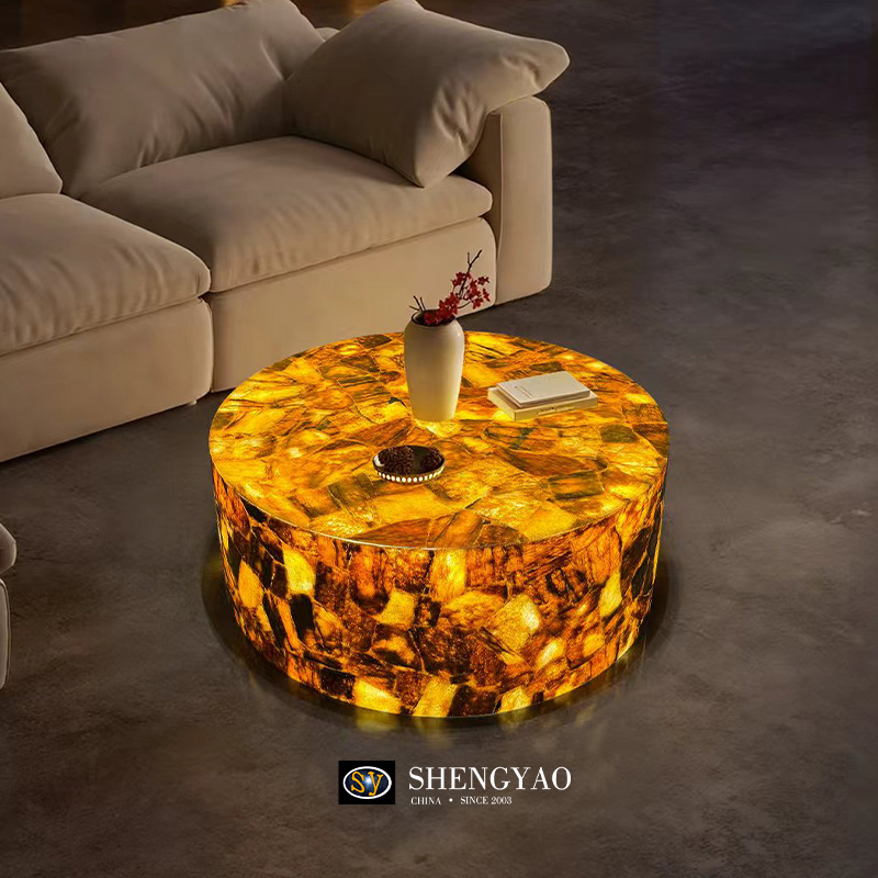Table du centre en cristal jaune éteint, fabricant de table en pierre semi-précieuse translucide